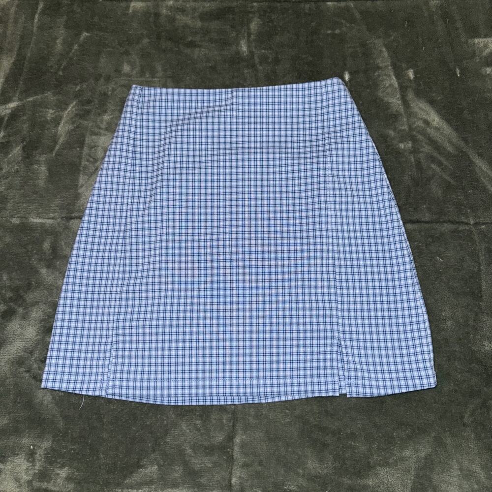 Brandy Melville‎ Mini Skirt Womens S Blue White Plaid Stretch Back Zipper Summer